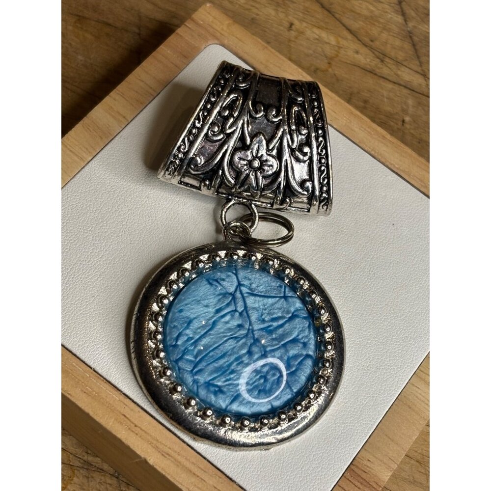 Vintage Silver-Tone Pendant With Blue Textured Center & Ornate Bail